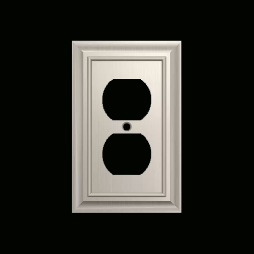 Silver duplex outlet wall plate with two oval openings and a center screw hole, centered on a dark background.