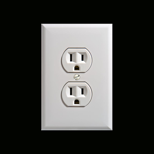 White duplex electrical outlet with two receptacles and a matching wall plate, centered on a dark background.