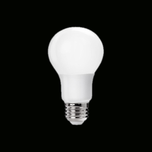 Single white LED light bulb with a screw base, centered on a dark background.