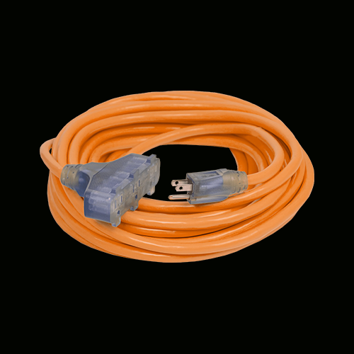 Coiled orange extension cord with a three-outlet female end and a grounded male plug, shown on a dark background.