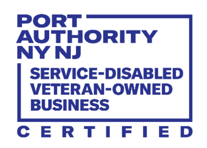 Blue-and-white rectangular certification badge with a thick blue border and bold stacked block lettering, indicating a Port Authority NY/NJ veteran-owned business certification.