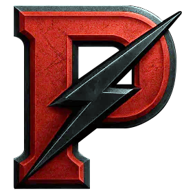 Stylized red letter “P” with a metallic lightning bolt cutting diagonally through it on a dark background.