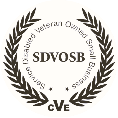 Circular SDVOSB seal with a laurel wreath border and centered “SDVOSB” text, indicating a service-disabled veteran-owned small business certification.