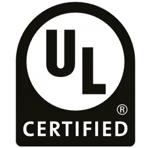 UL logo inside a white circle with the words “CERTIFIED” underneath on a black background.