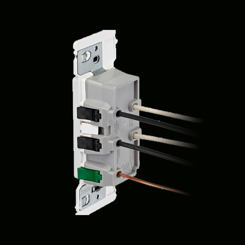 Side view of a white electrical receptacle with black and white wires connected to the terminals and a bare copper ground wire attached, shown on a dark background.
